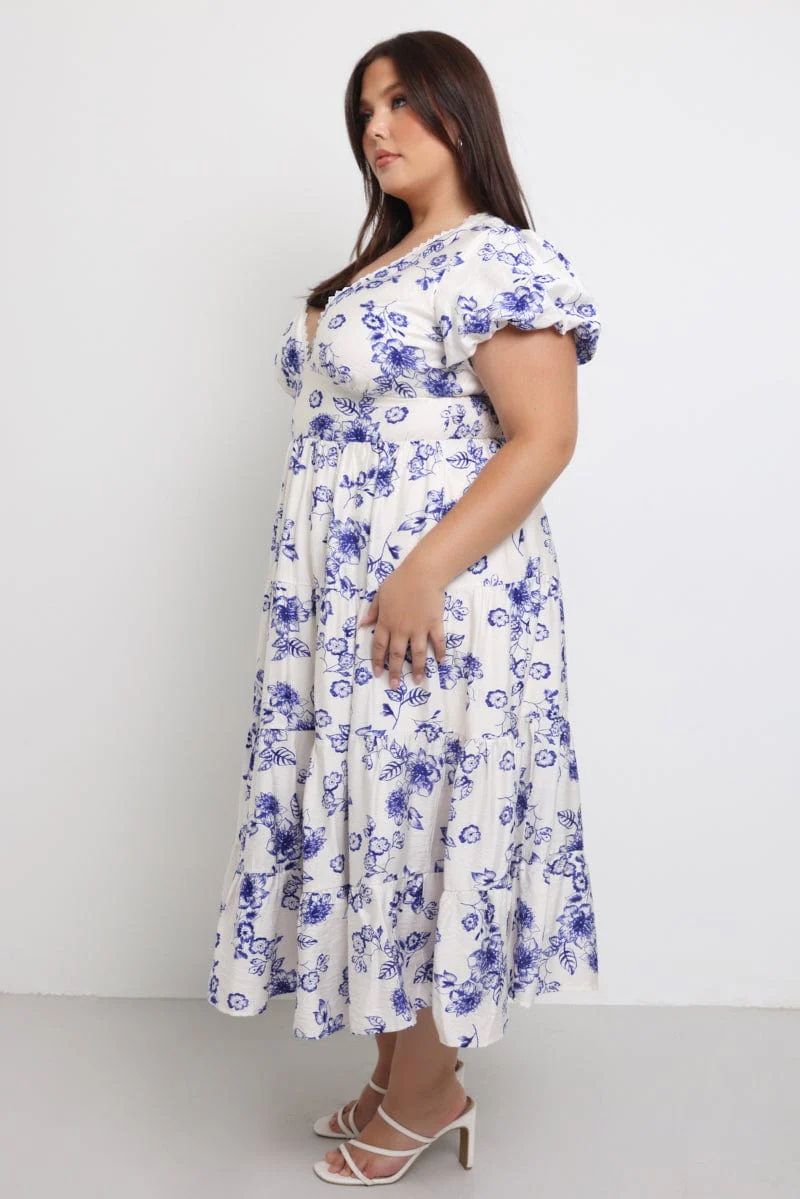 Blue Floral Maxi Dress Short Sleeve V Neck Tiered - Image 4