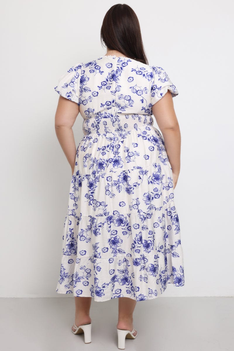 Blue Floral Maxi Dress Short Sleeve V Neck Tiered - Image 5
