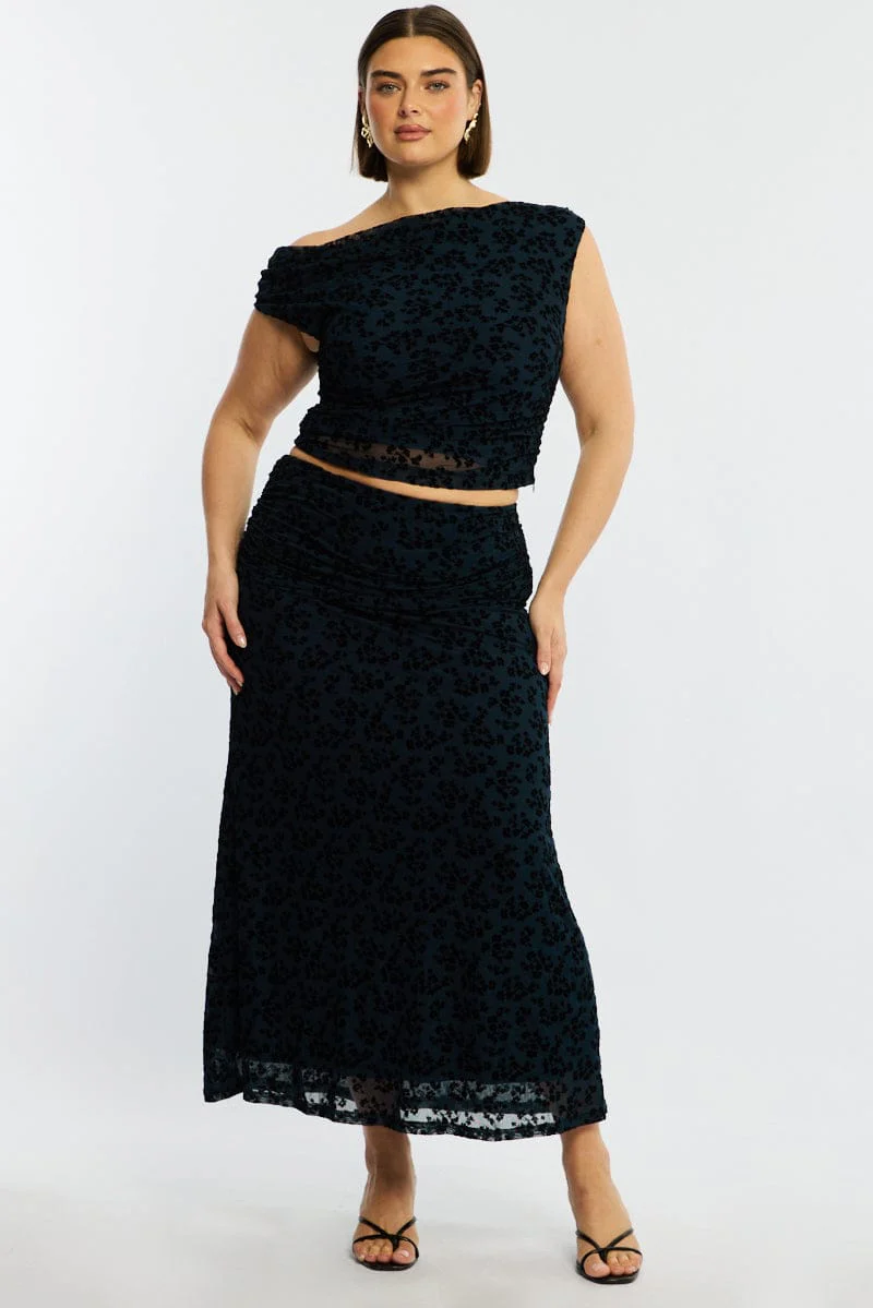 Blue Floral Maxi Skirt Mesh - Image 3