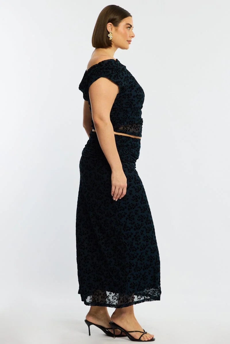 Blue Floral Maxi Skirt Mesh - Image 4
