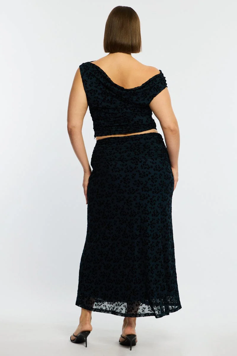 Blue Floral Maxi Skirt Mesh - Image 5