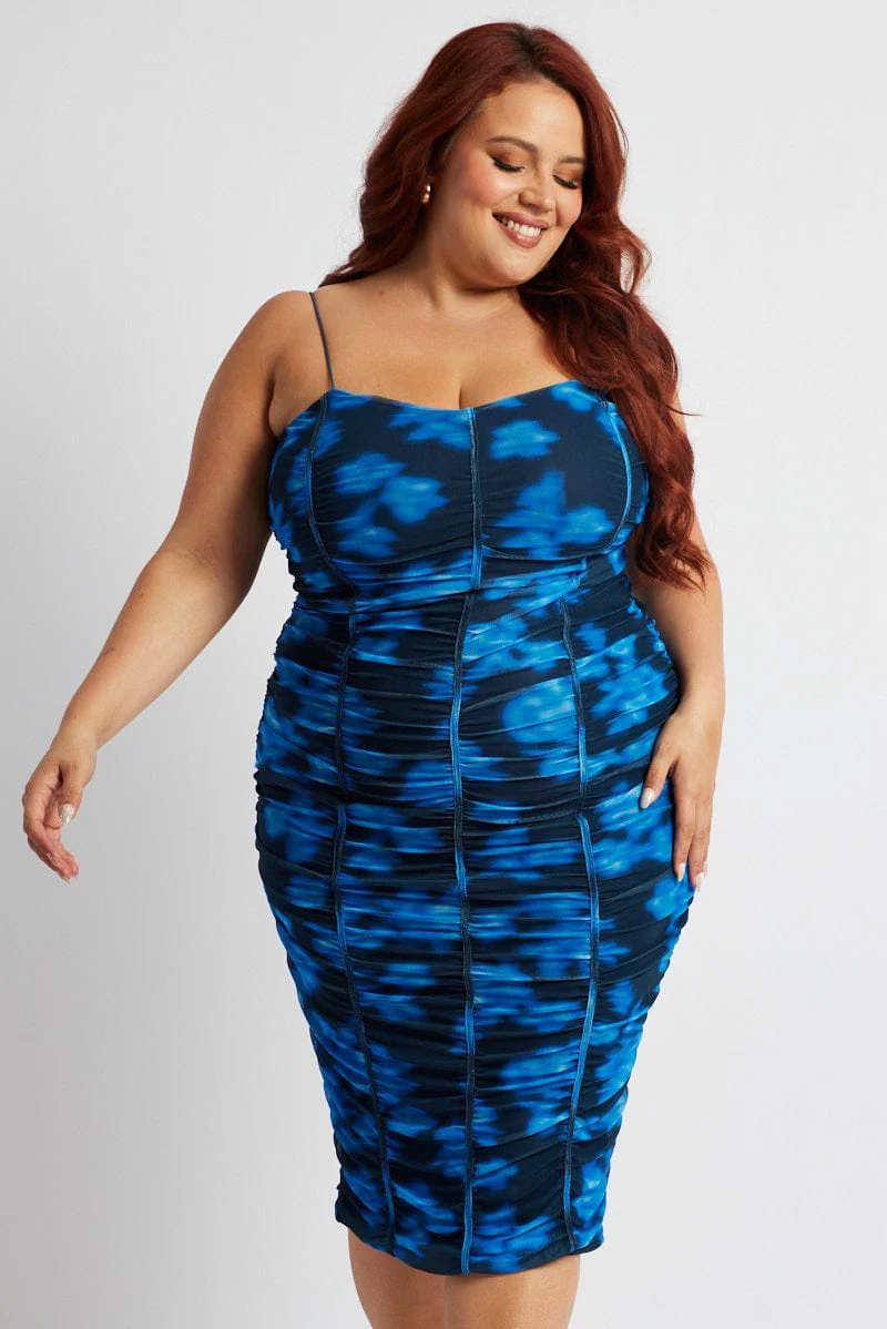 Blue Floral Mesh Ruched Midi Dress - Image 3