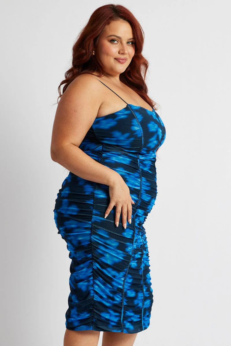 Blue Floral Mesh Ruched Midi Dress - Image 4