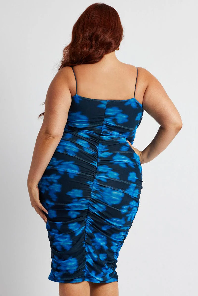 Blue Floral Mesh Ruched Midi Dress - Image 5