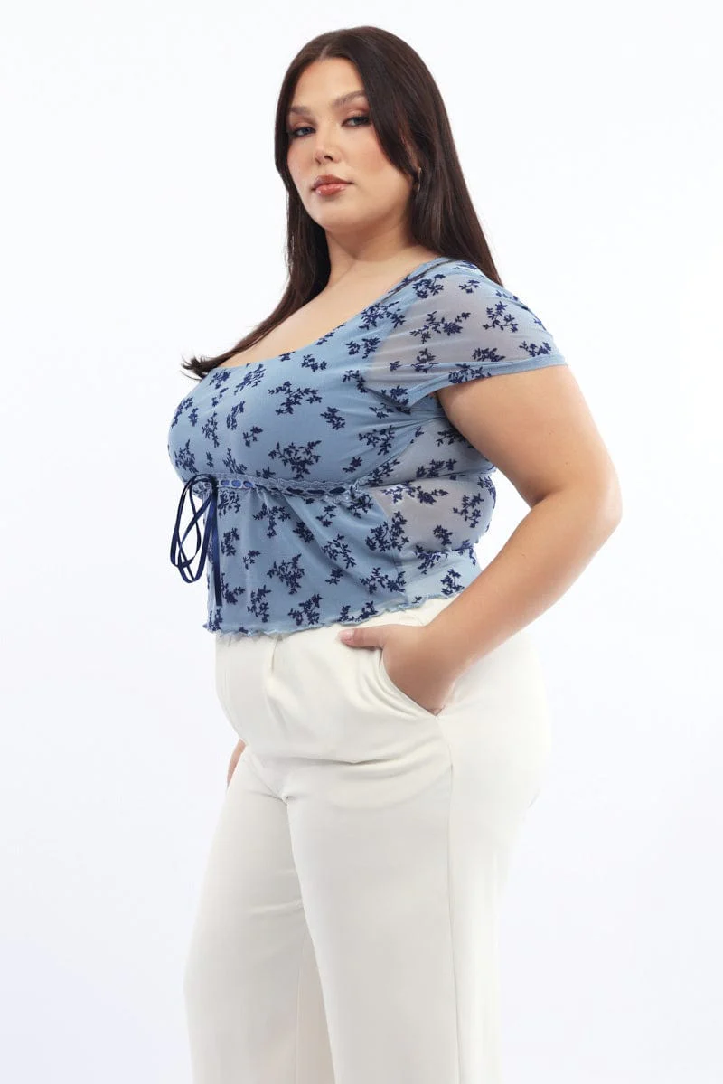 Blue Floral Mesh Top Burn Out Short Sleeve - Image 3