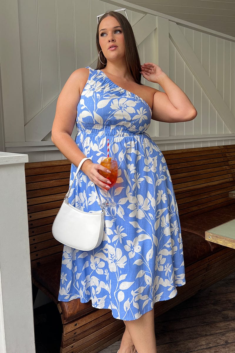 Blue Floral Midi Dress One Shoulder Linen Blend