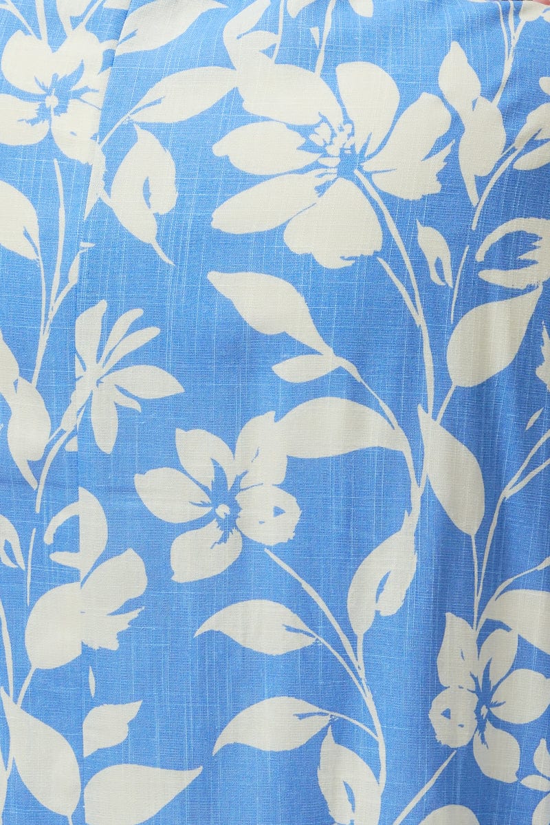 Blue Floral Midi Dress One Shoulder Linen Blend - Image 6