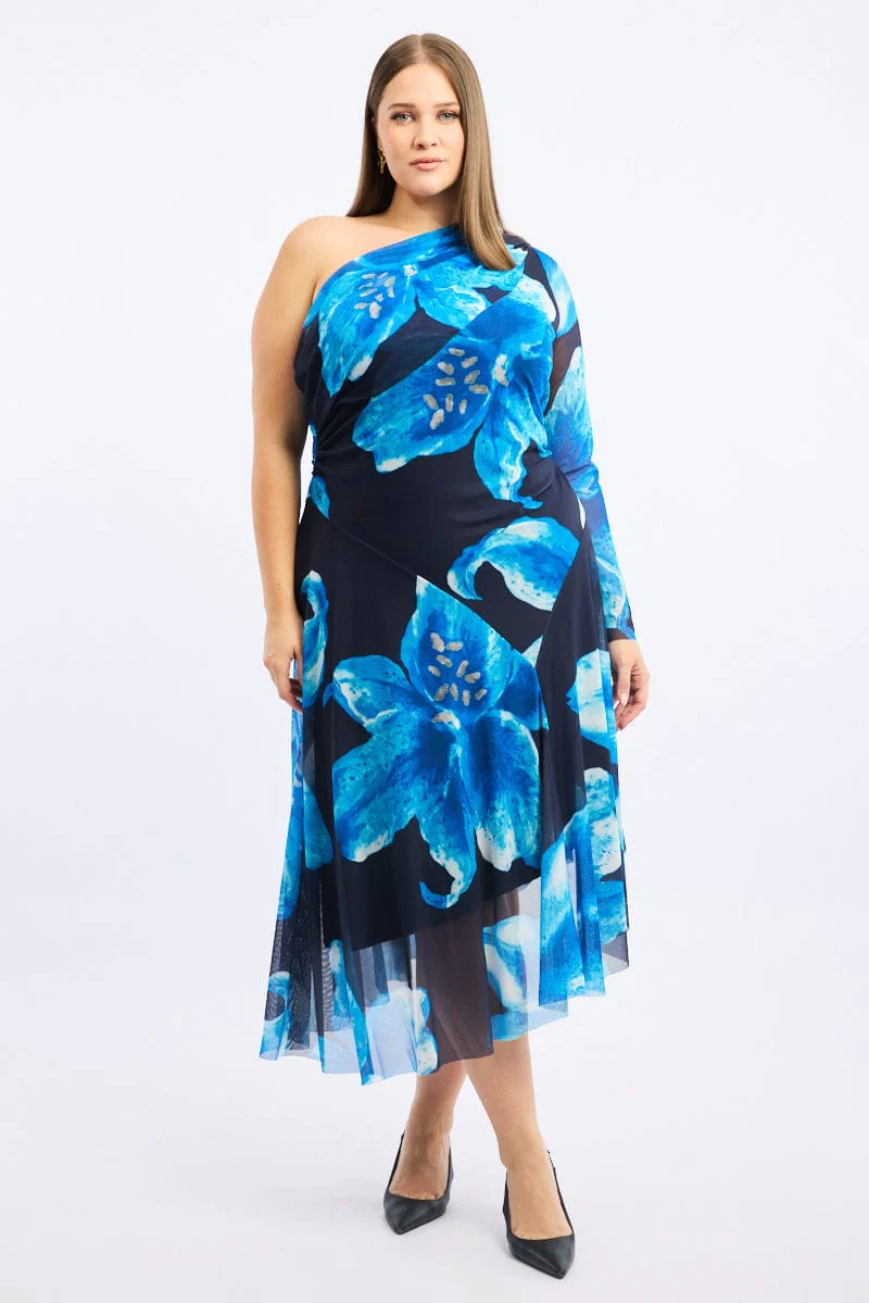 Blue Floral Midi Dress One Shoulder Mesh - Image 3