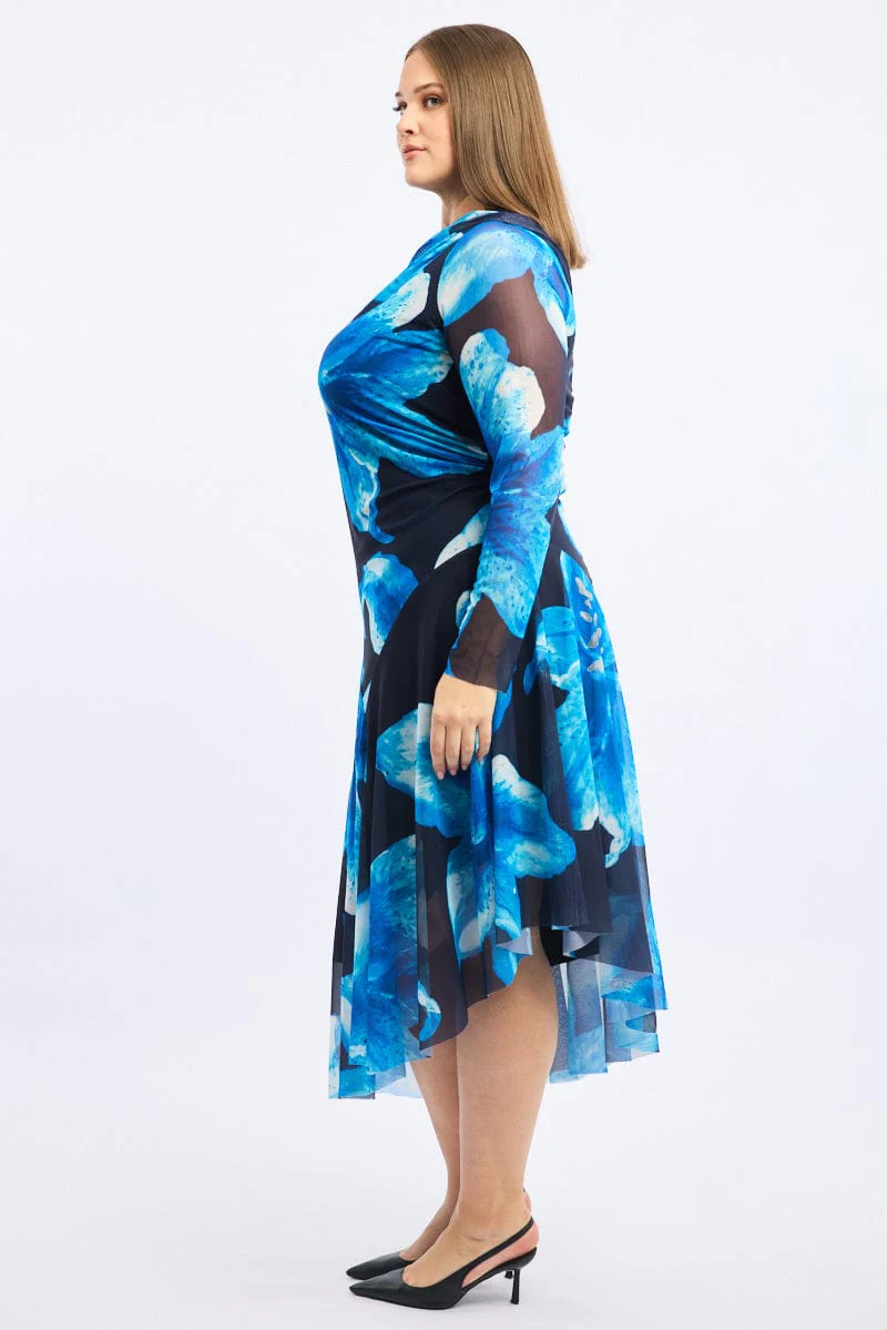 Blue Floral Midi Dress One Shoulder Mesh - Image 4