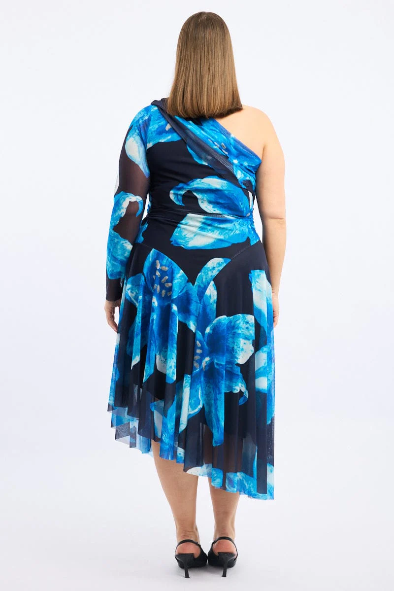 Blue Floral Midi Dress One Shoulder Mesh - Image 5