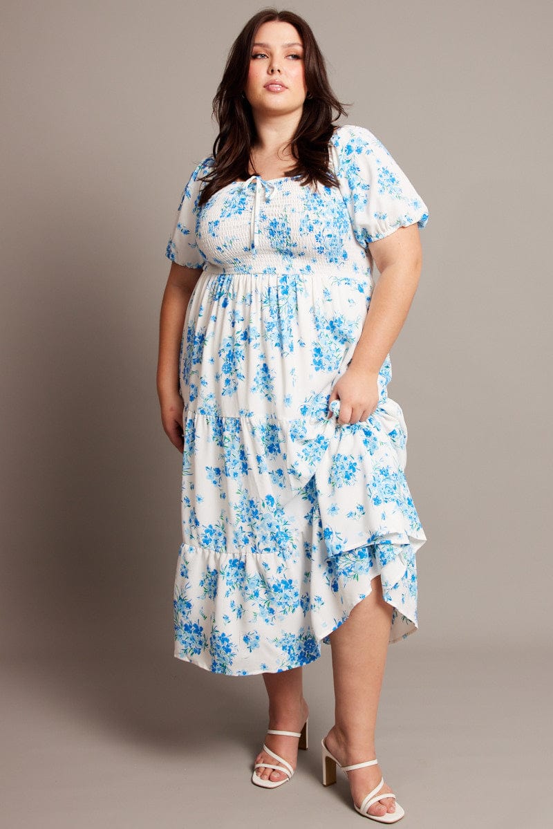Blue Floral Midi Dress Short Sleeve Shirred - Image 2