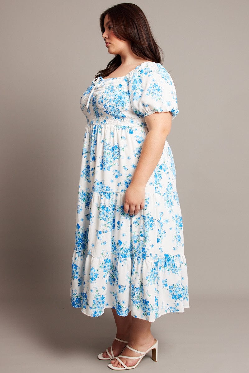 Blue Floral Midi Dress Short Sleeve Shirred - Image 4