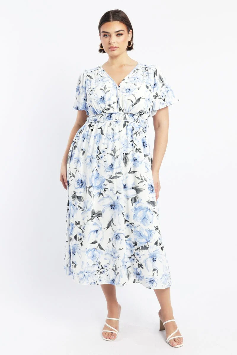 Blue Floral Midi Dress Short Sleeve V-Neck Floral