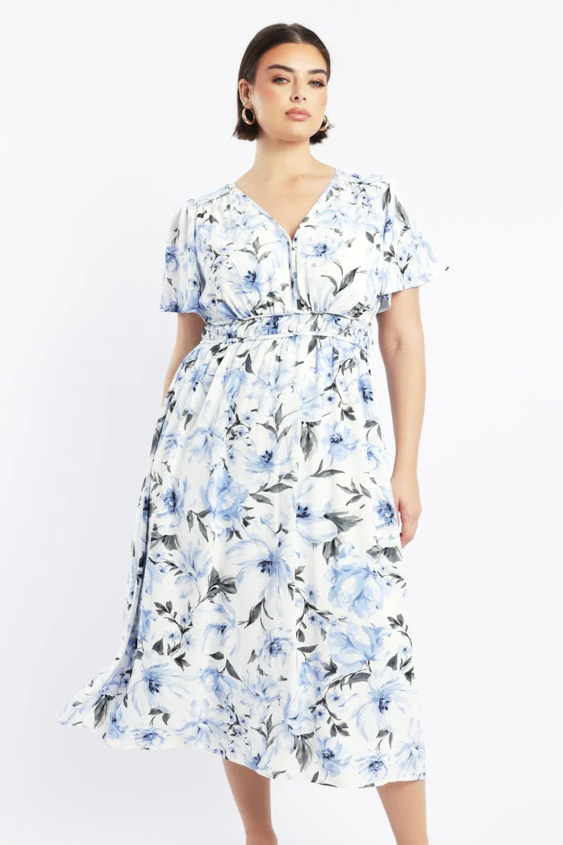 Blue Floral Midi Dress Short Sleeve V-Neck Floral - Image 2