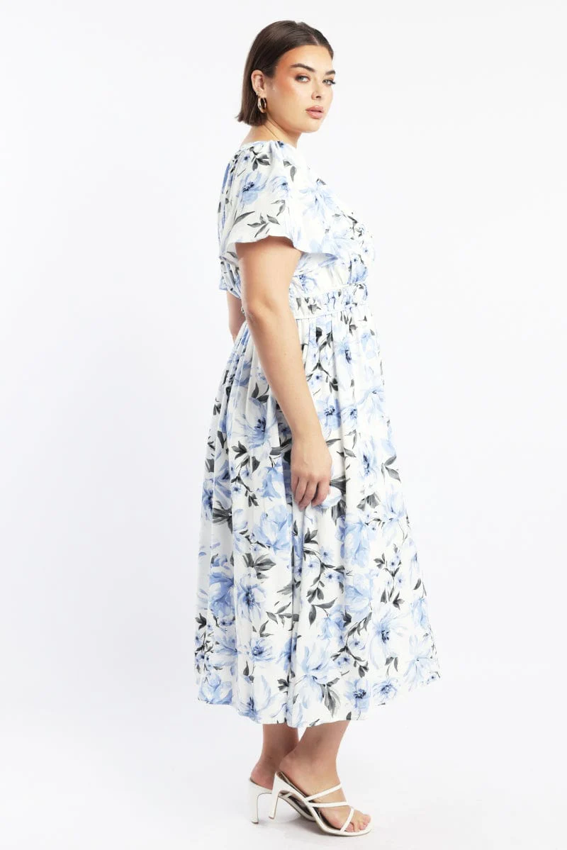 Blue Floral Midi Dress Short Sleeve V-Neck Floral - Image 3