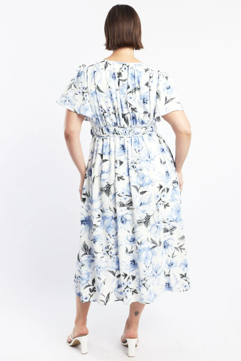 Blue Floral Midi Dress Short Sleeve V-Neck Floral - Image 4