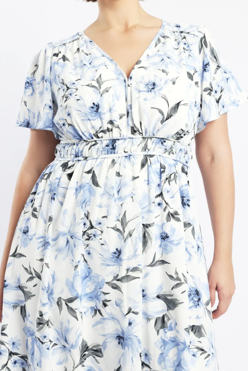 Blue Floral Midi Dress Short Sleeve V-Neck Floral - Image 5