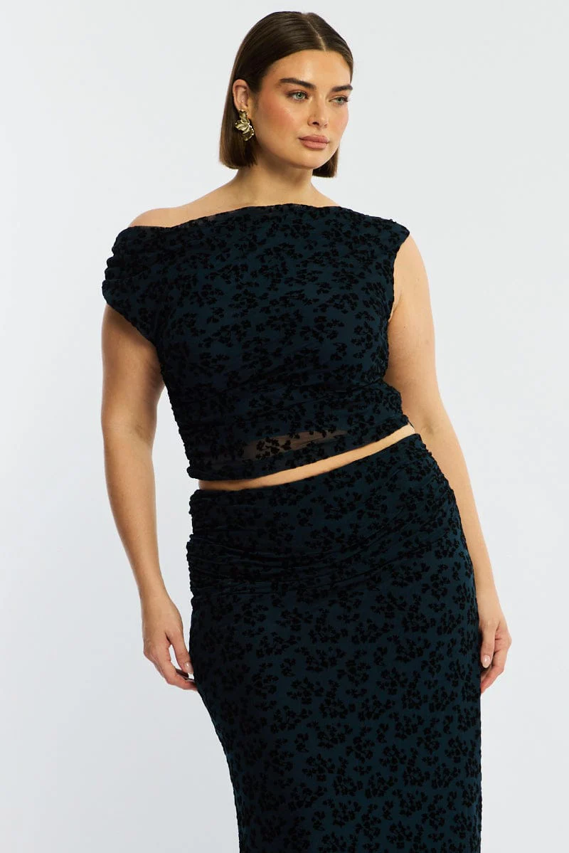 Blue Floral Off Shoulder Top Sleeveless Mesh