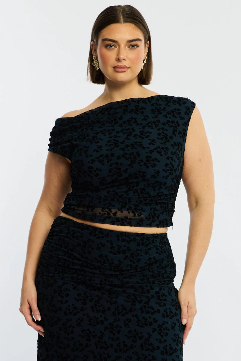 Blue Floral Off Shoulder Top Sleeveless Mesh - Image 3