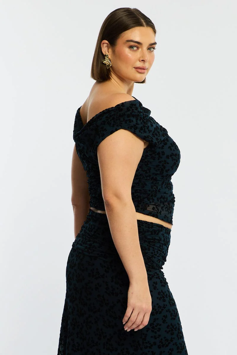 Blue Floral Off Shoulder Top Sleeveless Mesh - Image 4
