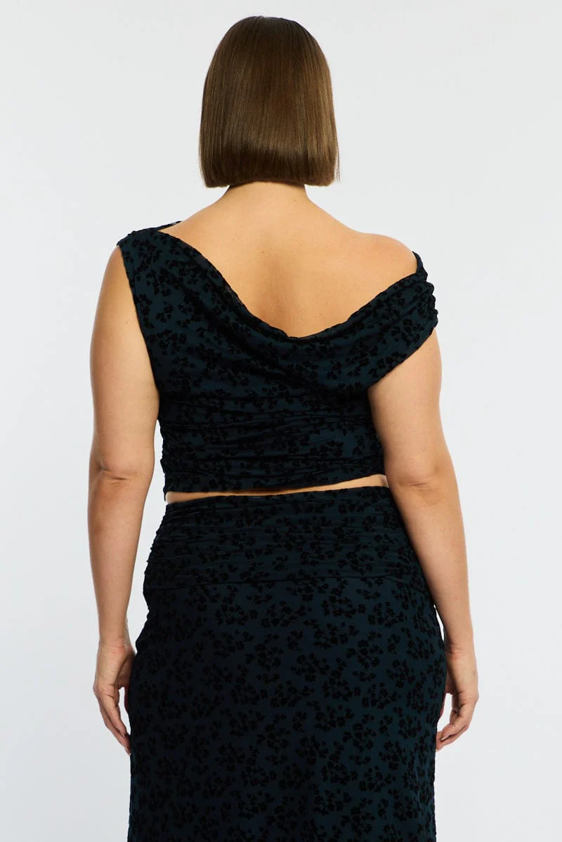 Blue Floral Off Shoulder Top Sleeveless Mesh - Image 5