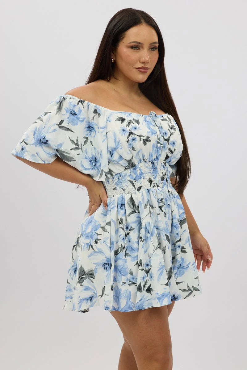 Blue Floral Playsuit Short Sleeve Ruched Bust - Image 4