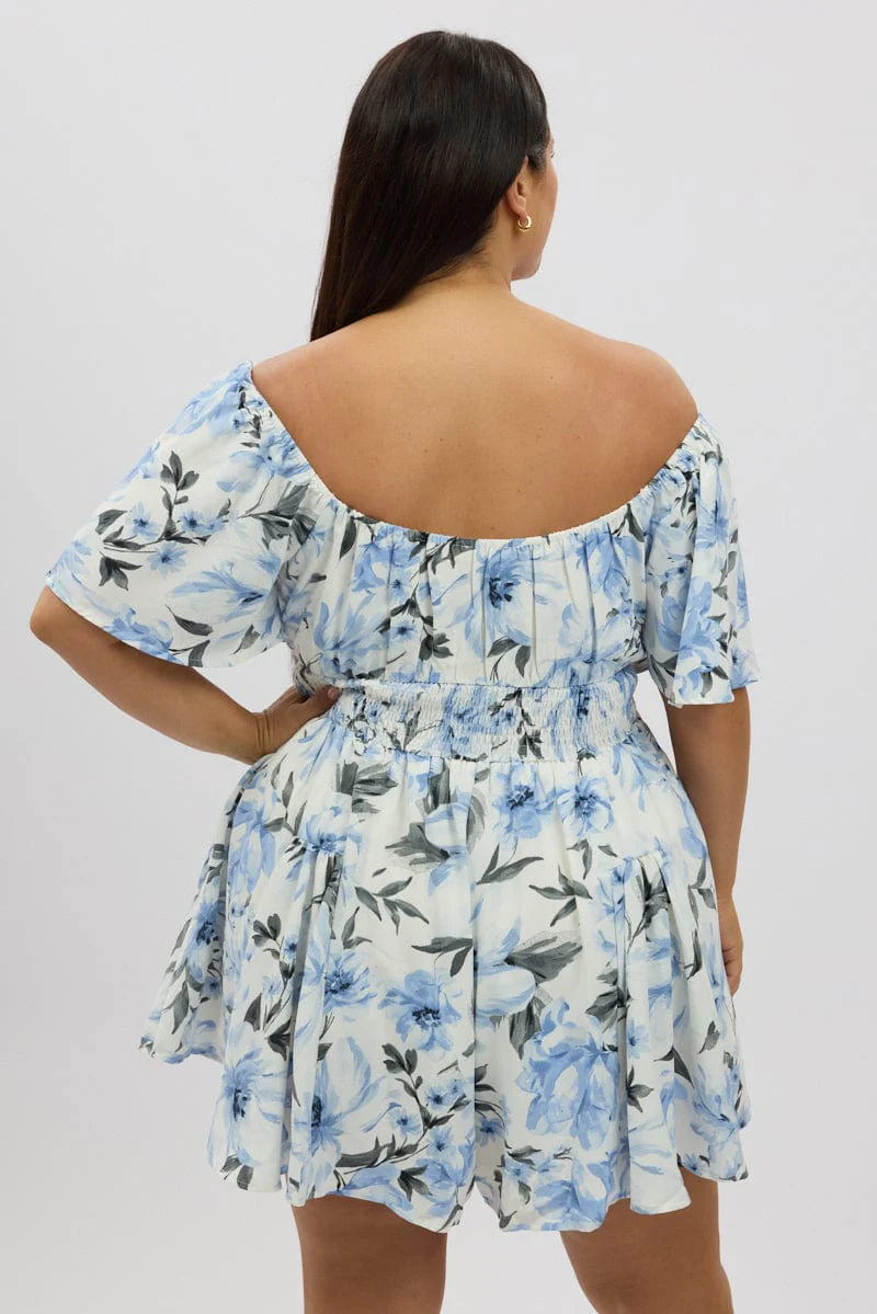 Blue Floral Playsuit Short Sleeve Ruched Bust - Image 5
