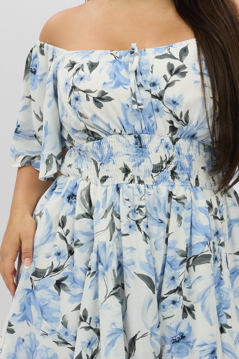 Blue Floral Playsuit Short Sleeve Ruched Bust - Image 6