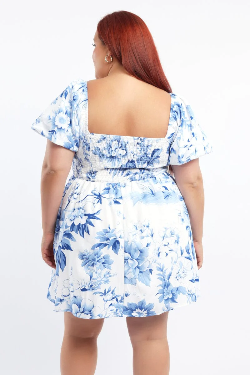 Blue Floral Puff Sleeve Mini Dress - Image 4