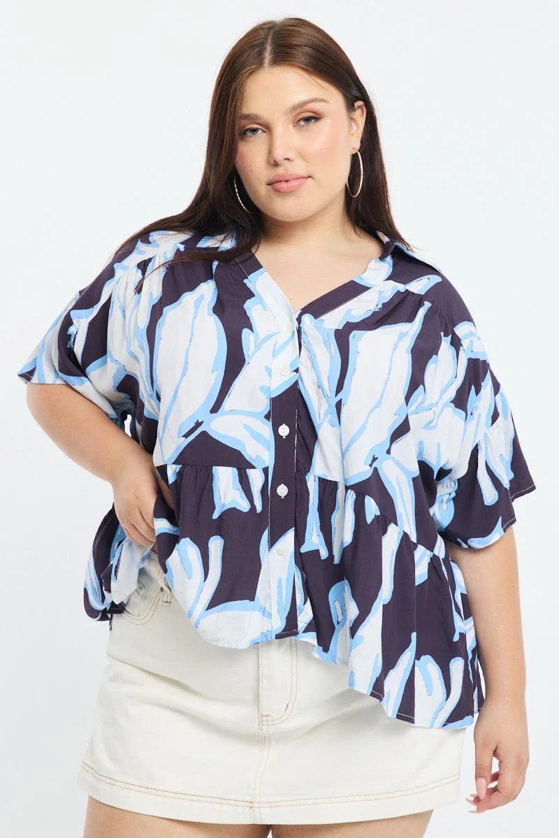 Blue Floral Relaxed Shirt Short Sleeve Ruffle