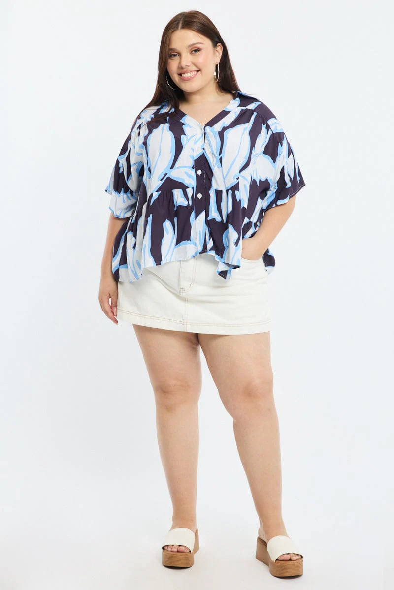 Blue Floral Relaxed Shirt Short Sleeve Ruffle - Image 2