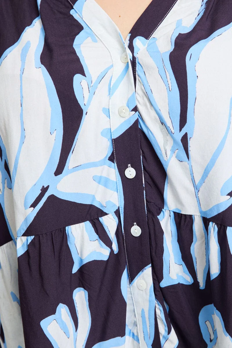 Blue Floral Relaxed Shirt Short Sleeve Ruffle - Image 5