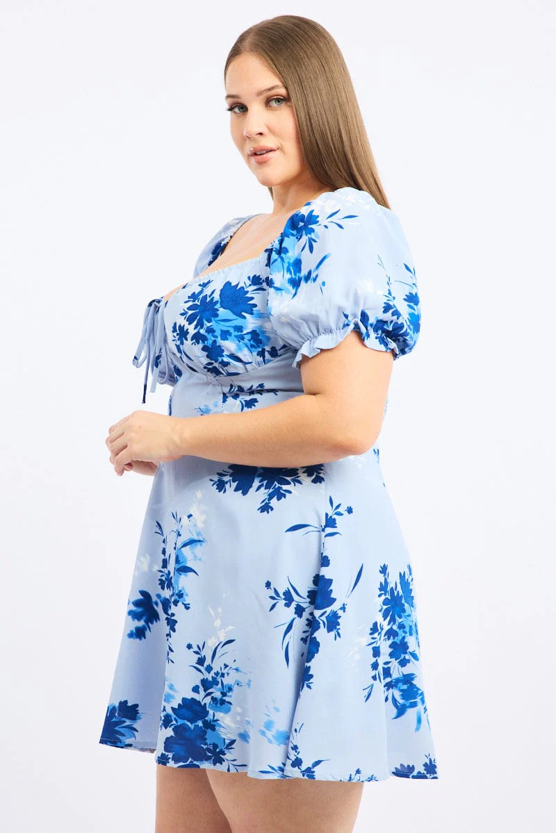 Blue Floral Shirred Back Scoop Tie Neck Minidress - Image 2