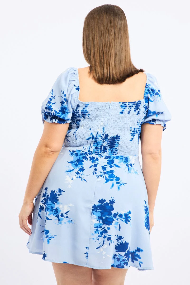 Blue Floral Shirred Back Scoop Tie Neck Minidress - Image 3