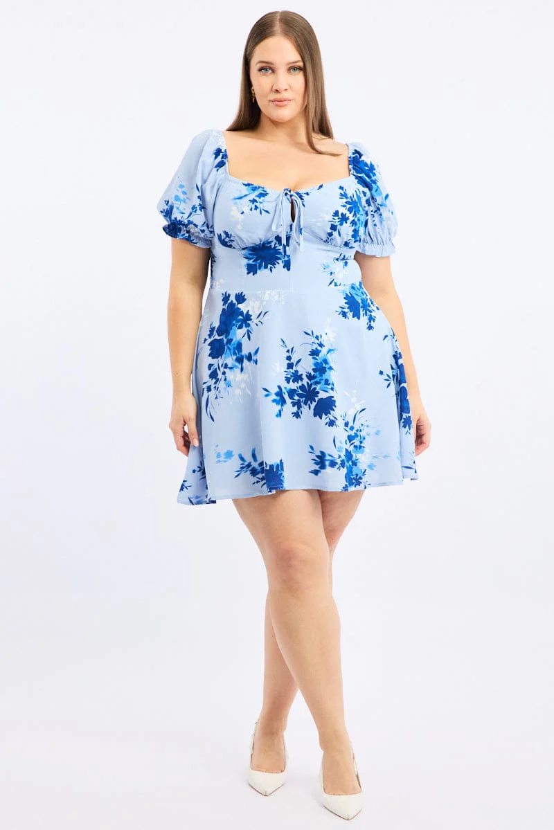 Blue Floral Shirred Back Scoop Tie Neck Minidress - Image 5