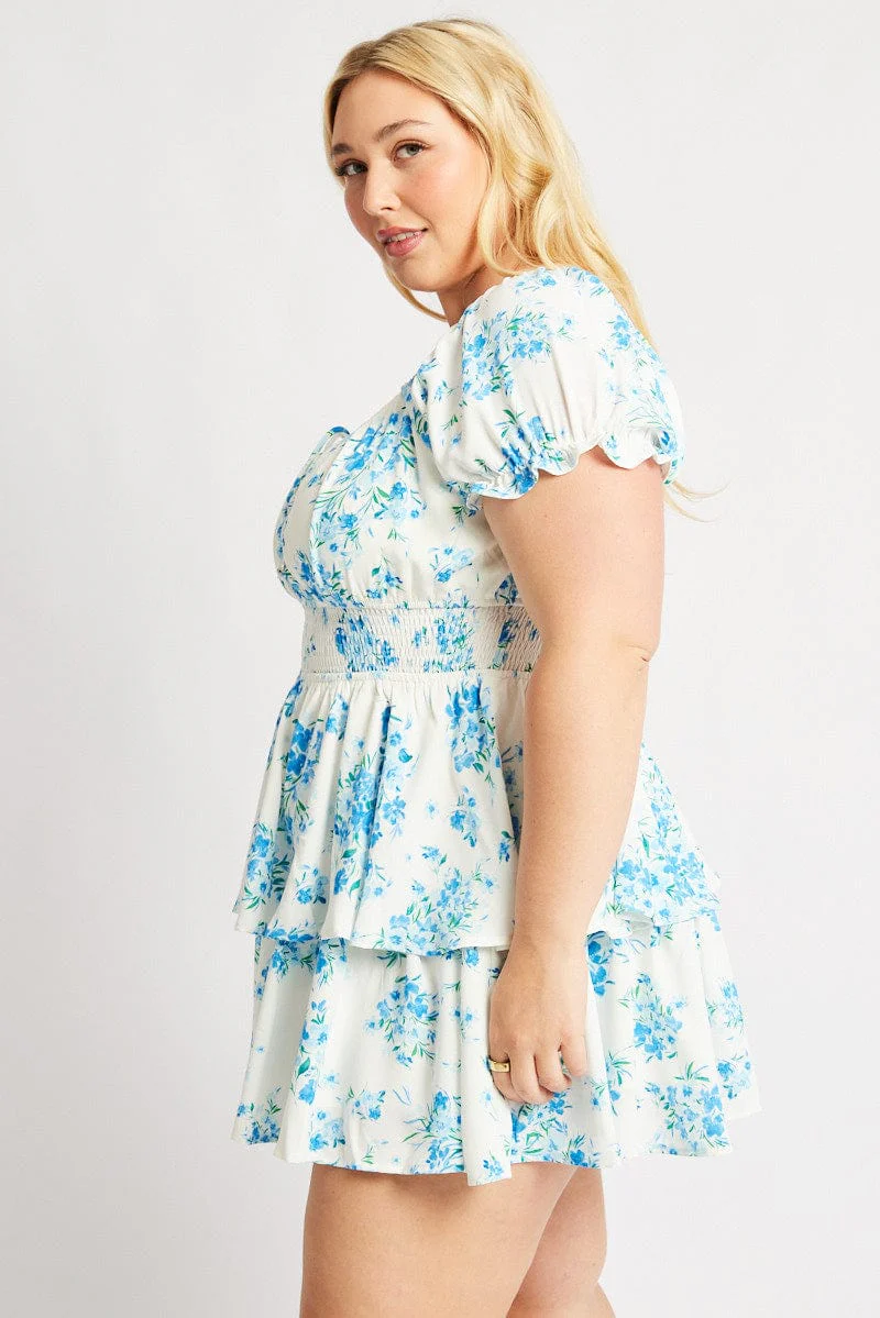 Blue Floral Shirred Waist Detail Layer Minidress - Image 4