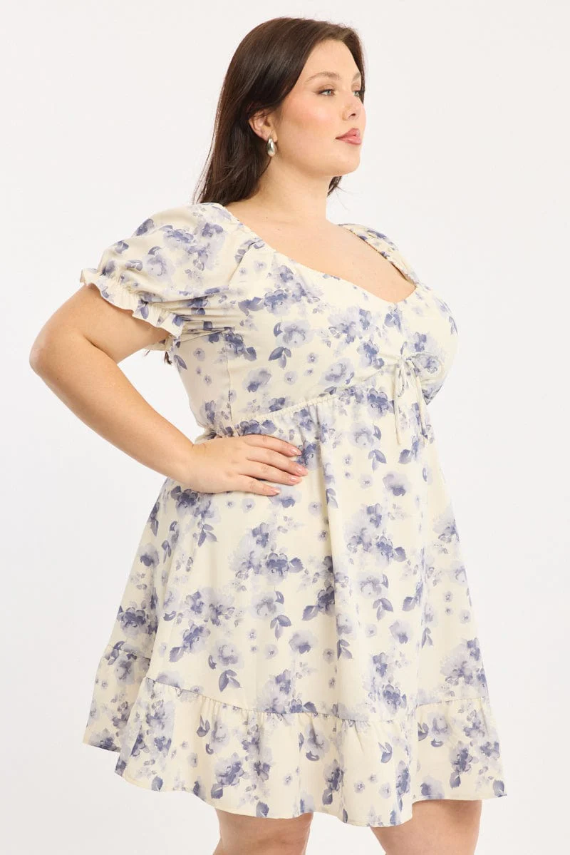 Blue Floral Skater Dress Short Sleeve Ruched - Image 3
