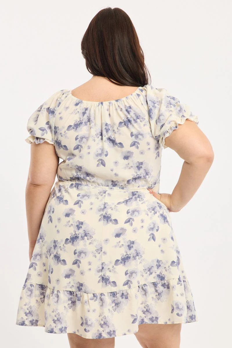 Blue Floral Skater Dress Short Sleeve Ruched - Image 4