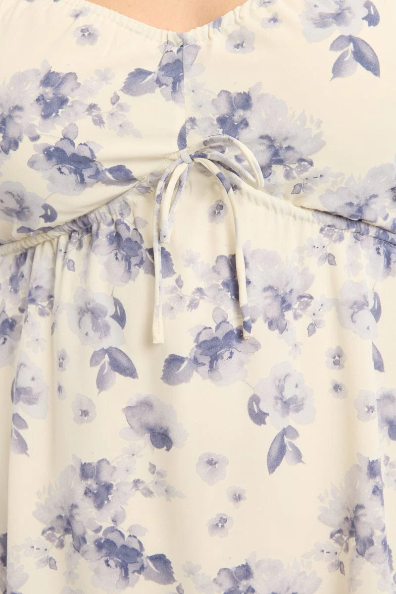 Blue Floral Skater Dress Short Sleeve Ruched - Image 5