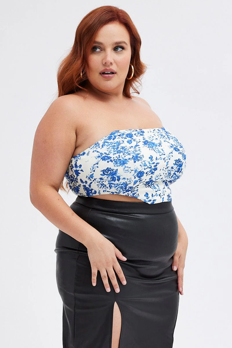 Blue Floral Strapless Corset Top Baroque Crop - Image 4