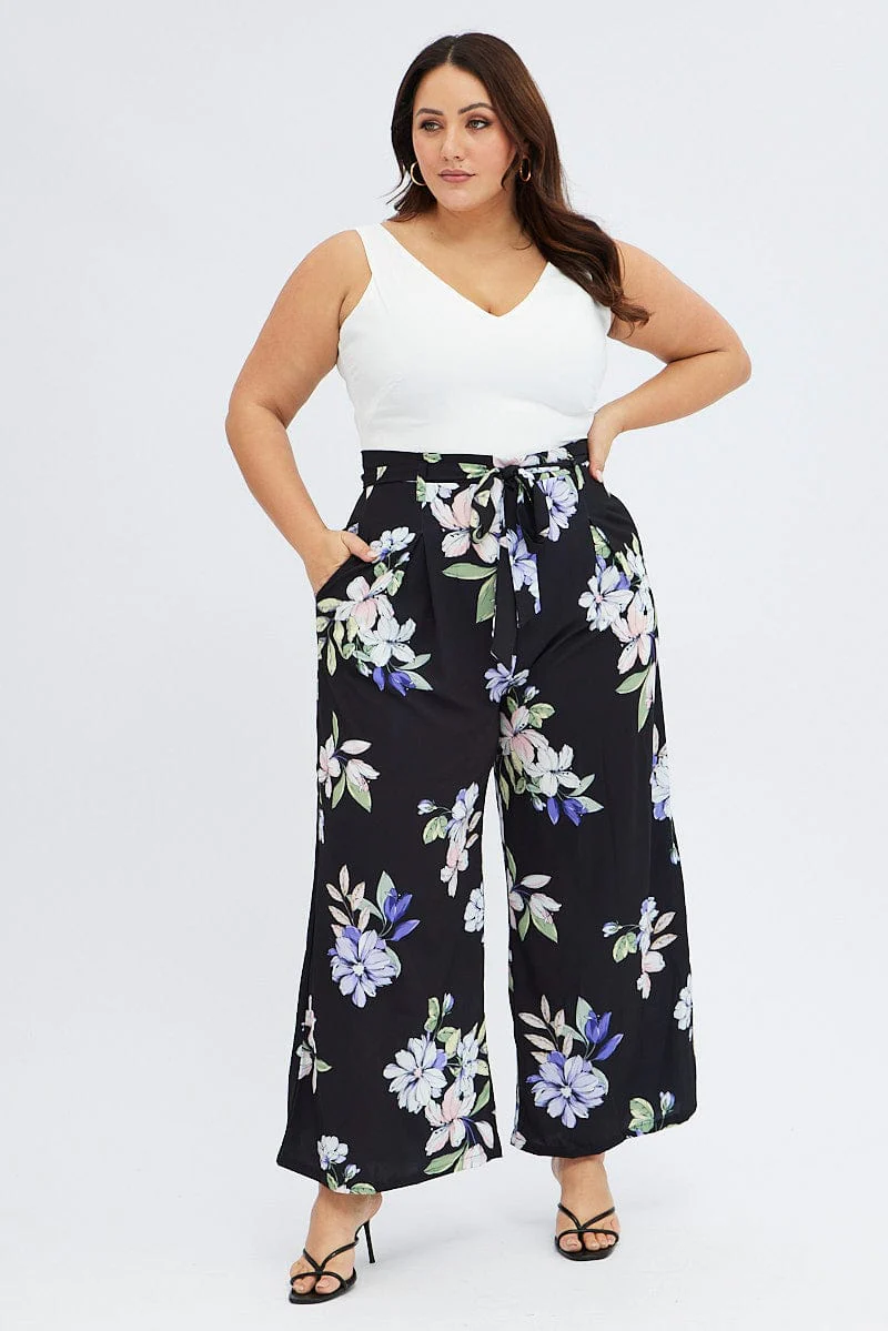 Blue Floral Wide Leg Jumpsuit Sleeveless - Image 3
