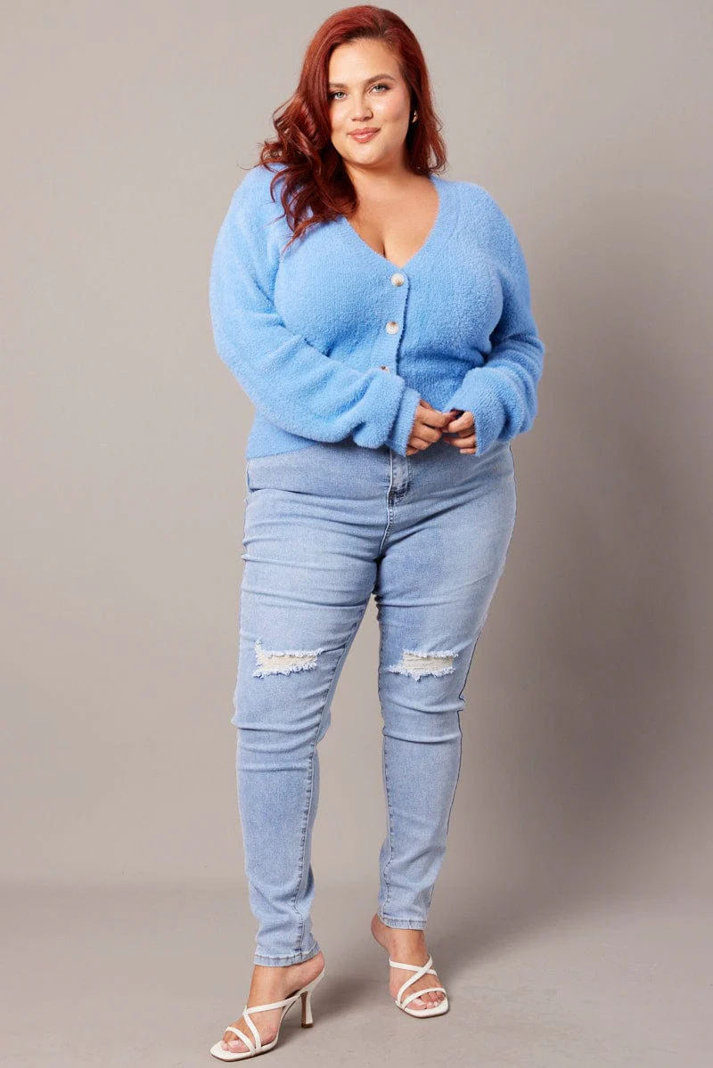 Blue Fluffy Knit Cardigan Long Sleeve V-neck - Image 3