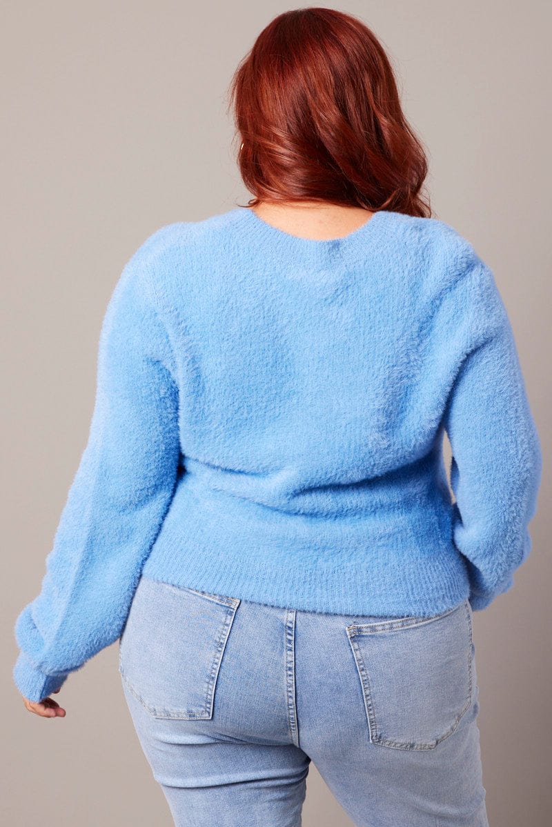 Blue Fluffy Knit Cardigan Long Sleeve V-neck - Image 5