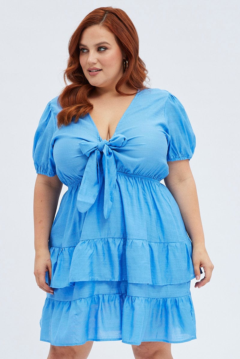 Blue Frill Dress Short Sleeve Tie Front Mini - Image 3