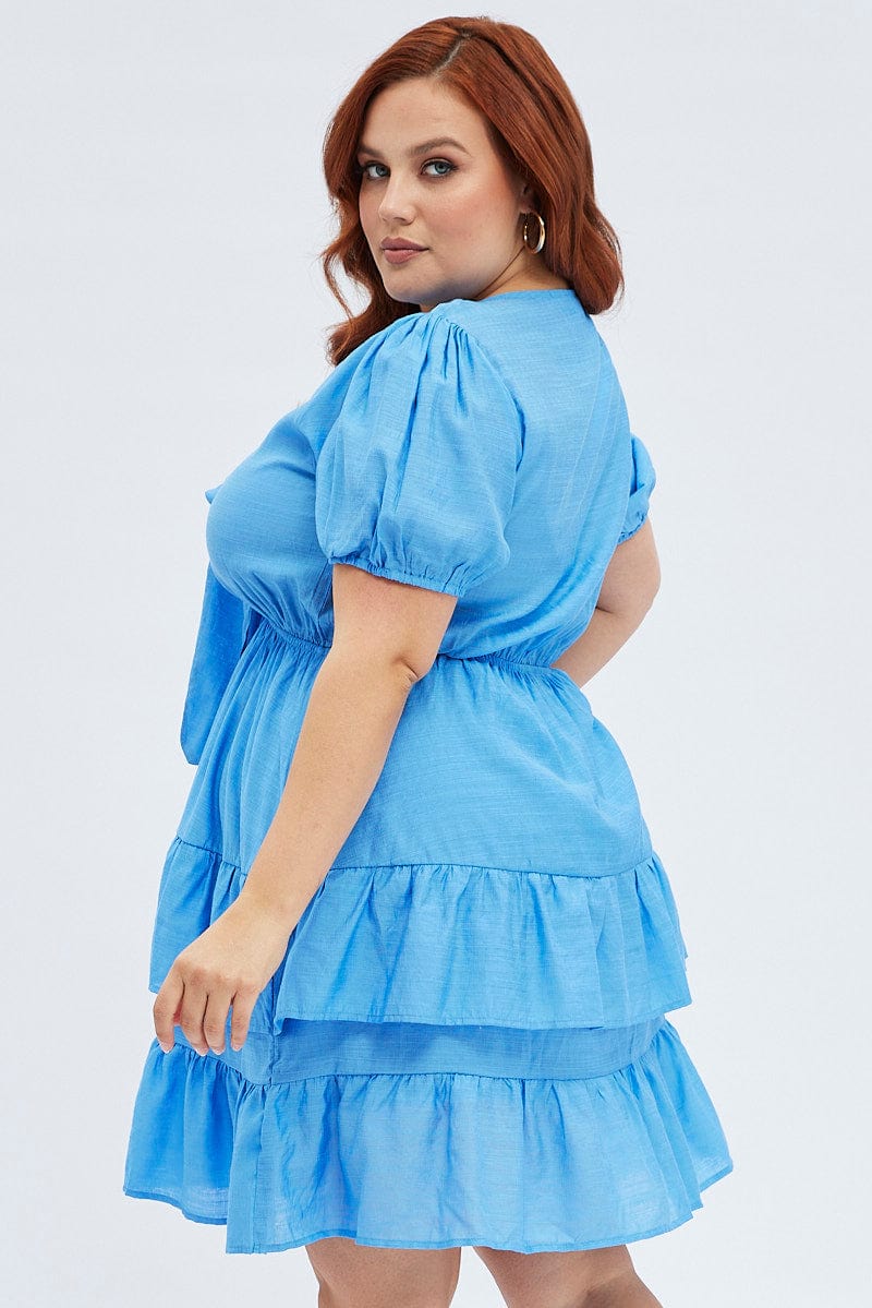 Blue Frill Dress Short Sleeve Tie Front Mini - Image 5