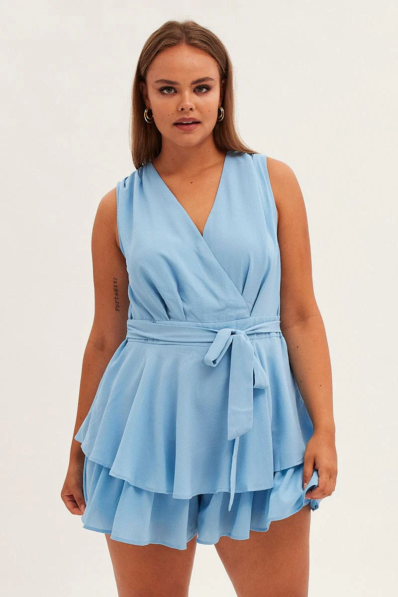 Blue Frill Playsuit Sleeveless V-neck Poly Crepe - Image 3