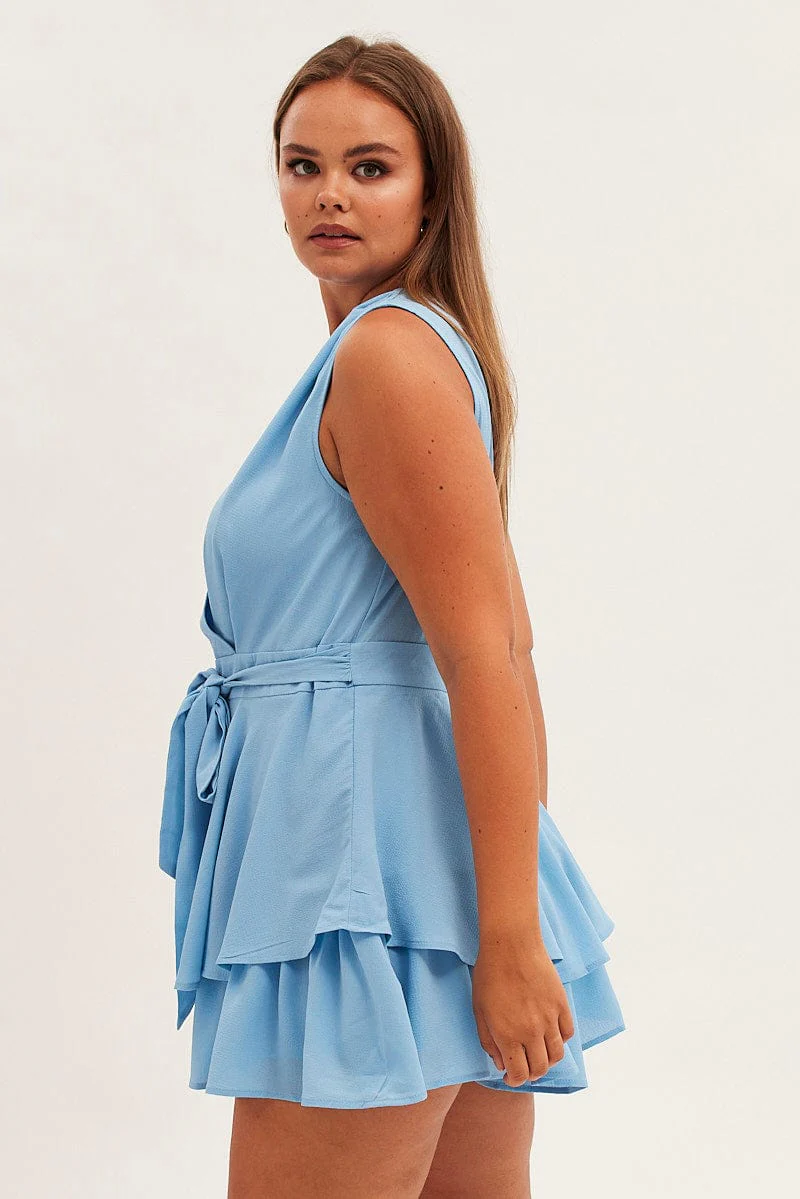 Blue Frill Playsuit Sleeveless V-neck Poly Crepe - Image 4