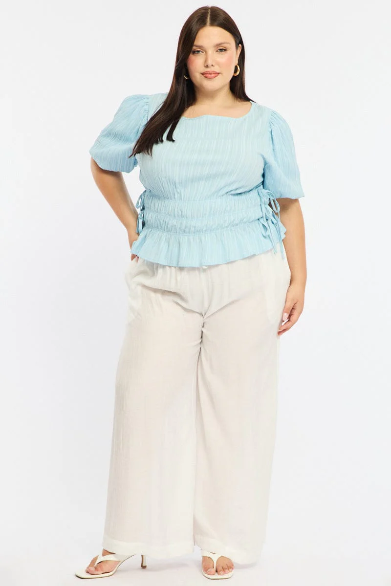 Blue Gathered Top Boat Neck Short Puff Sleeve - Image 3