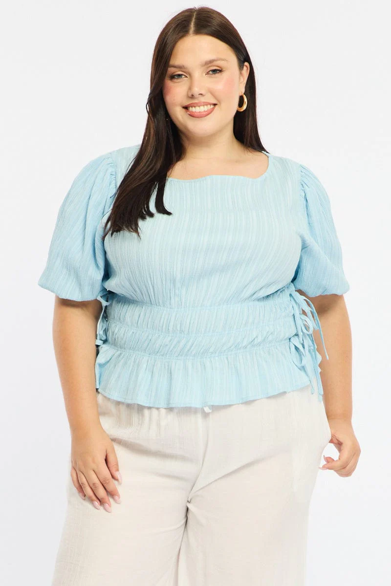 Blue Gathered Top Boat Neck Short Puff Sleeve - Image 4