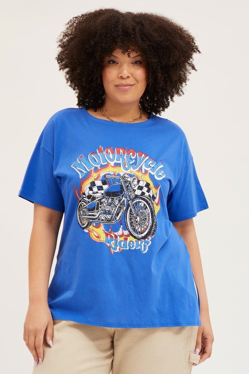 Blue Graphic T-shirt Motorcycle Short Sleeve Cotton - Image 3